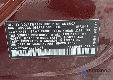 2012 Volkswagen Passat 2.5L Se from USA, damaged, VIN 1VWBP7A31CC097246